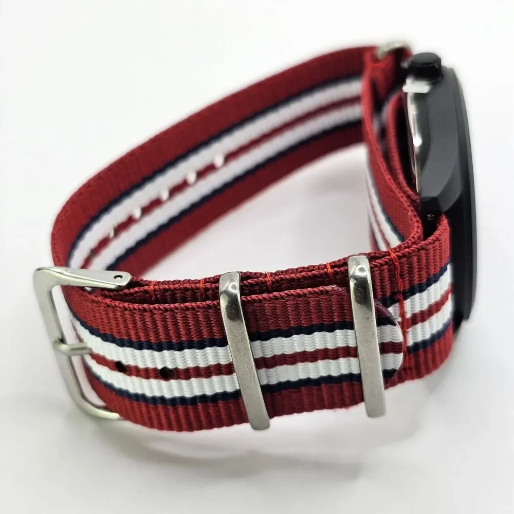Men's Military Watch 42MM Large Case Black Dial Red Blue White Canvas Band Strap